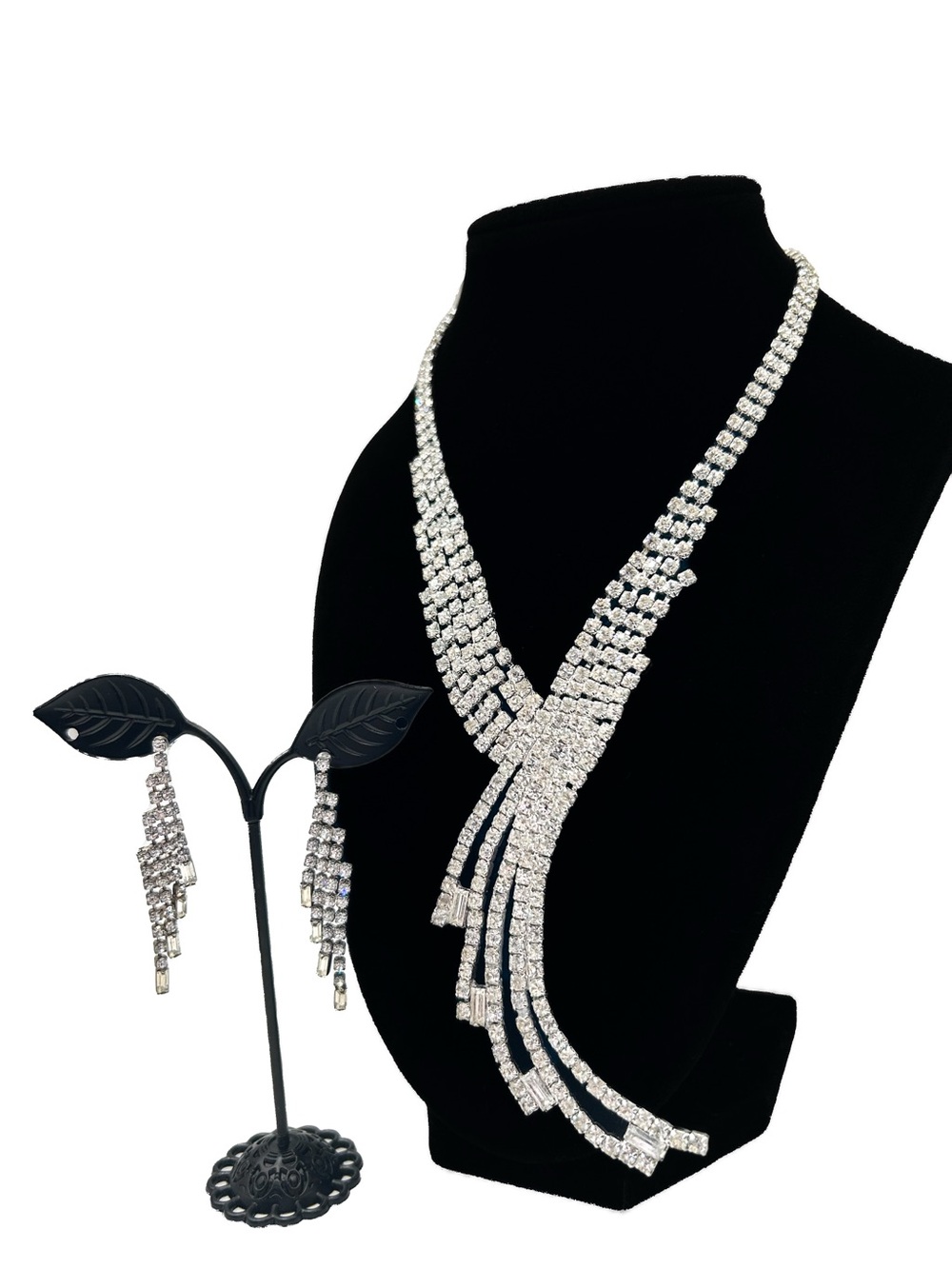 Vintage 1950s Rhinestone Waterfall Necklace & Matched Fringe Earrings Set